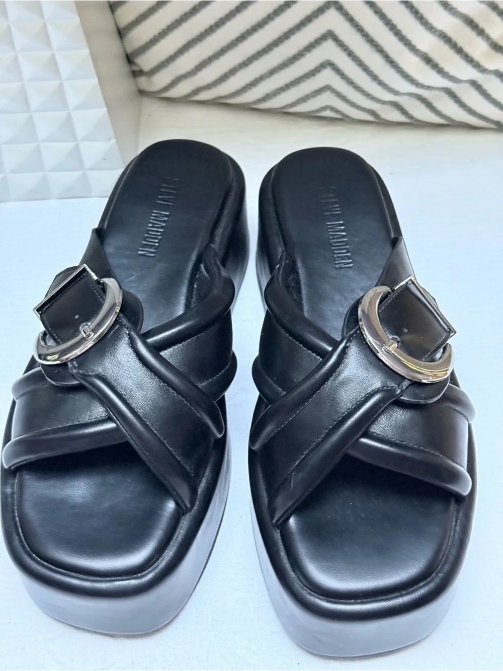 Steve Madden Black Crisscross Platform Slide Sandals with Silver Buckles